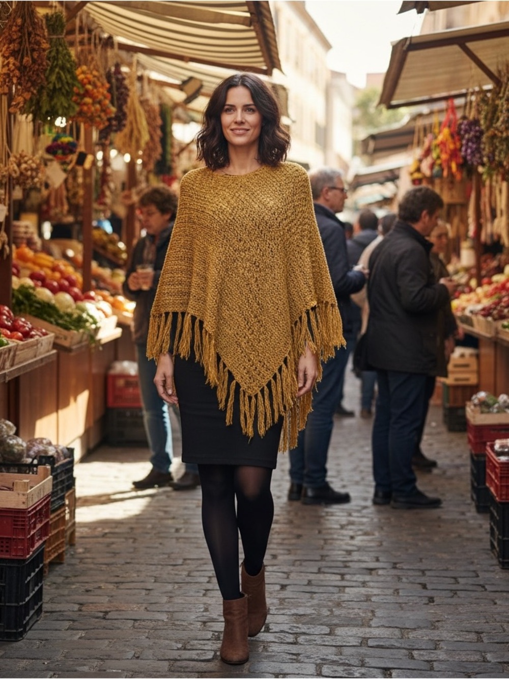 Chico's Mustard Fringe Knit Poncho